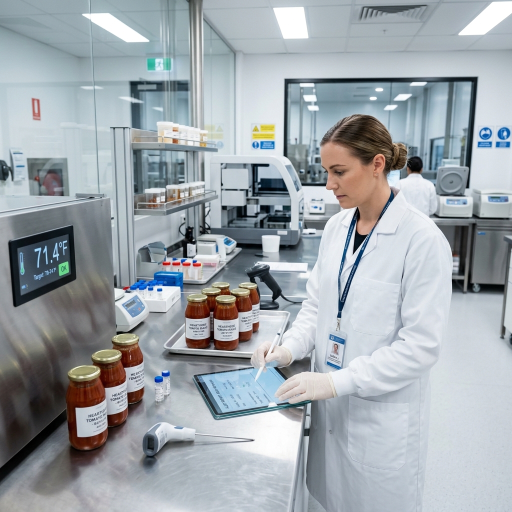 Food safety compliance officer in a state-of-the-art laboratory auditing quality control documentation