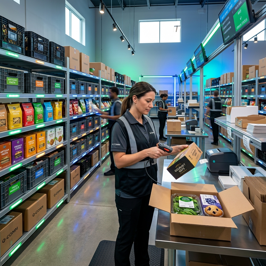 A modern quick-commerce dark store micro-fulfillment center optimized for packing speed