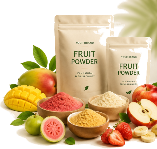 Nera Foods Premium Fruit Powders Private Label Packaging & Fresh Fruits Mockup