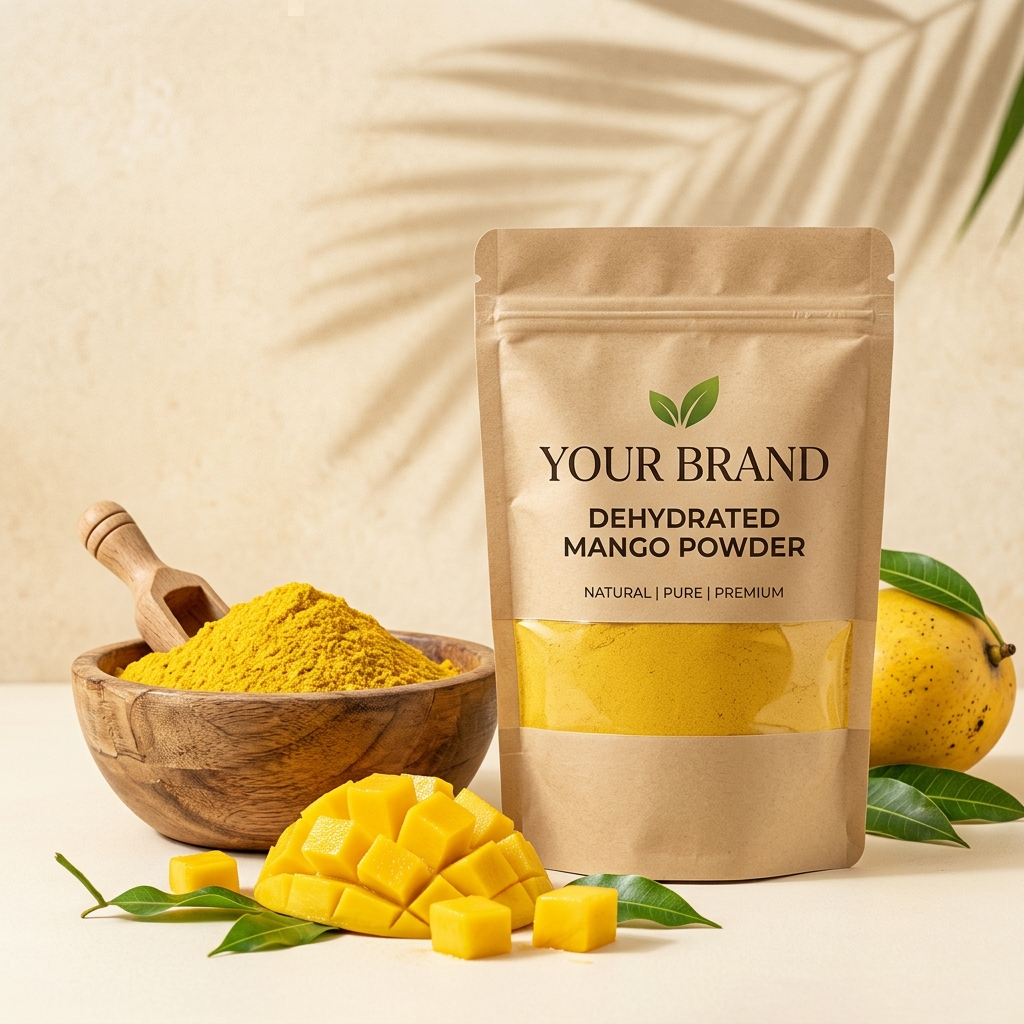 Dehydrated Mango Powder Pouch with Bowl and Sliced Fresh Mangoes
